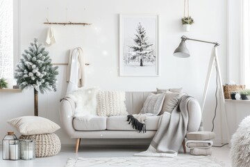 Interior design featuring a couch, Christmas tree, and plant in a living room