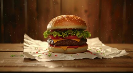 A juicy cheeseburger with fresh lettuce, tomato, cheese, and a beef patty sits on a table, evoking hunger and desire for a tasty meal
