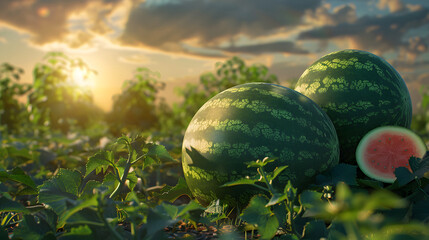 Two watermelons are on the ground in a field. The sun is setting in the background - obrazy, fototapety, plakaty