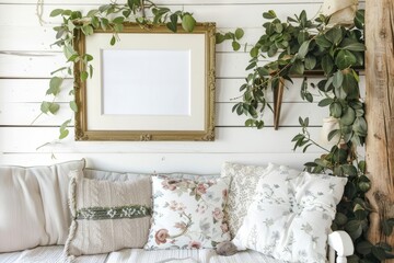 A cozy couch with pillows near a picture frame on the wall