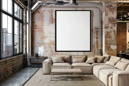 Living room with a studio couch and a wall picture in a rectangular building