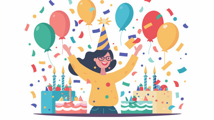 Obraz na płótnie Canvas Illustration of woman celebrating her birthday. Birthday cake, balloons, confetti. Festive atmosphere, birthday celebration, party.