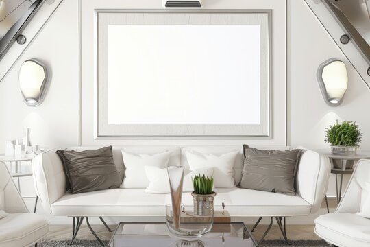 House interior design with white couch and picture frame on wall