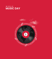 World Music Day, headphone, smile, music wave concept for social media banner, poster 3D Illustration