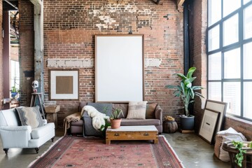 Living room features a couch, chair, coffee table, rug, and brick wall