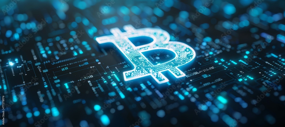 Poster Glowing blue bitcoin symbol. Cryptocurrency blockchain money security system. Generative AI technology.