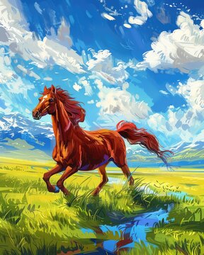 A red brown horse running on the grassland, oil painting style and strong perspective effect, illustration made with generative AI