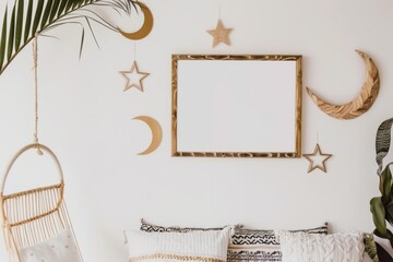 Artistic rectangular metal frame on wall with crescent moon and star pattern