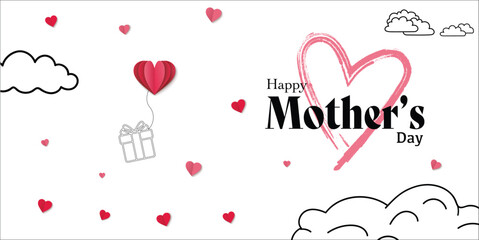 Mother's day postcard with paper heart elements and gift box on white sky background. Mother's Day greeting card design
