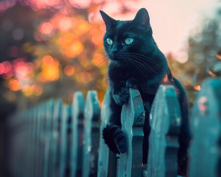 Black cat perched on a fence, folk art style, pastel sky, dusk light, eye level view , professional color grading