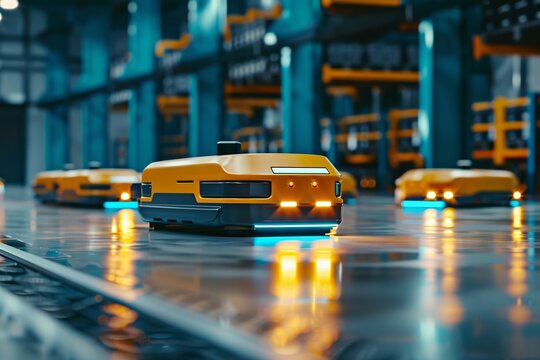 Delivery robots and autonomous vehicles in a modern warehouse, macro view, emphasizing futuristic efficiency , professional color grading