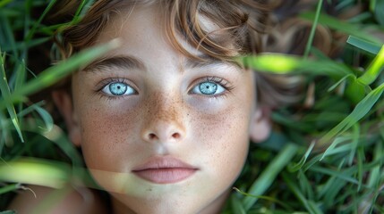 A boy's face showing contentment lying in the grass