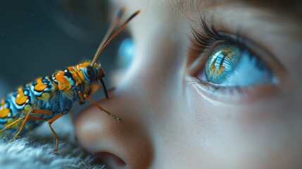 A child's look of enchantment watching a caterpillar - obrazy, fototapety, plakaty