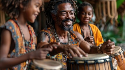 A family engaging in a lively drum circle with homemade instruments - obrazy, fototapety, plakaty
