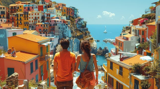 A couple exploring a foreign city and learning the language together