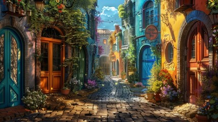 A quaint alleyway filled with bright multicolored doors and windows. The charming scene is reminiscent of a dreamy European street. - obrazy, fototapety, plakaty