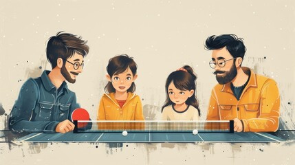 A family partaking in a friendly game of ping pong - obrazy, fototapety, plakaty