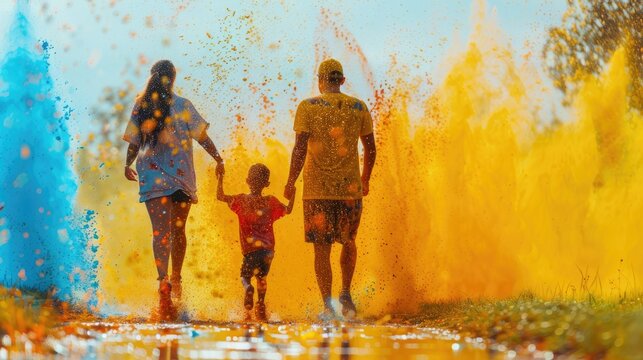 A family participating in a fun run or color run together