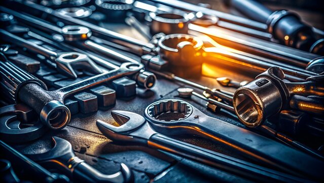 close ups of the mechanic s tools with dramatic light