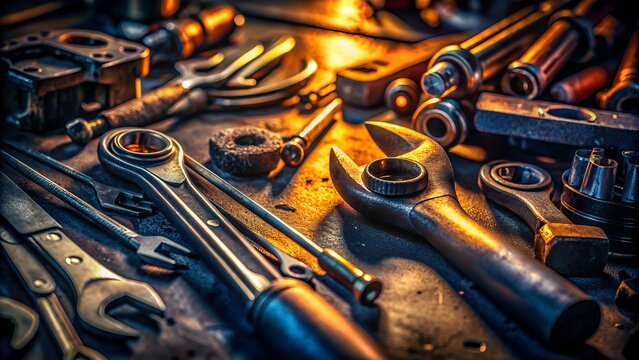close ups of the mechanic s tools with dramatic light