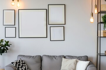 Living room with white couch, plant, and picture frame on wall