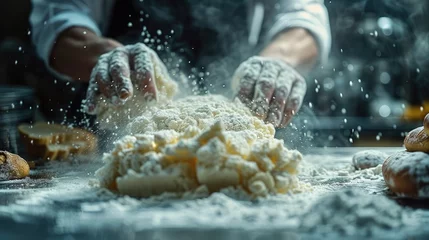 Foto op Canvas A person baking bread and cleaning up the flour-covered counter afterward © Gefo