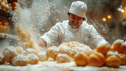 A person baking bread and cleaning up the flour-covered counter afterward - obrazy, fototapety, plakaty