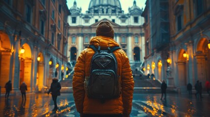 A person's awe while walking through a historical city - obrazy, fototapety, plakaty