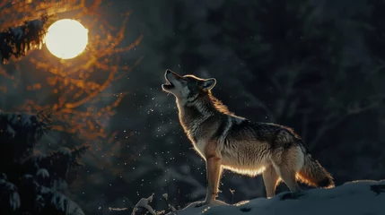 Fotobehang In the stillness of the night a lone wolf howls at the luminous silver orb in the sky adding a touch of wild mystery to the wintry . . © Justlight