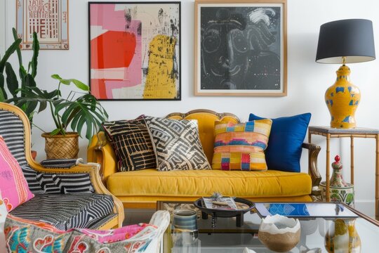A living room with yellow furniture, paintings, and lamp