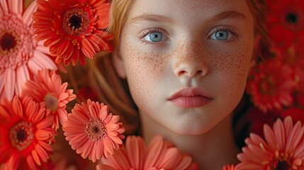A young girl's intense curiosity while examining flowers - obrazy, fototapety, plakaty