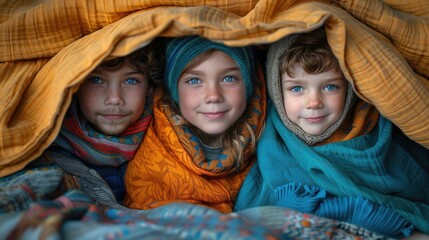 Parents and children building a fort out of blankets and pillows