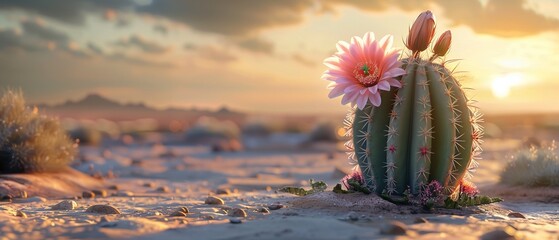 Cheerful cactus in blooming desert, symbol of resilience, soft morning light , 3D render