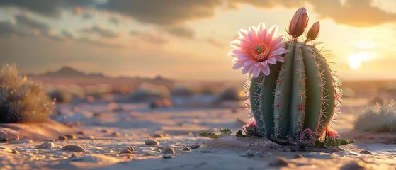 Papier Peint photo autocollant Cactus Cheerful cactus in blooming desert, symbol of resilience, soft morning light , 3D render