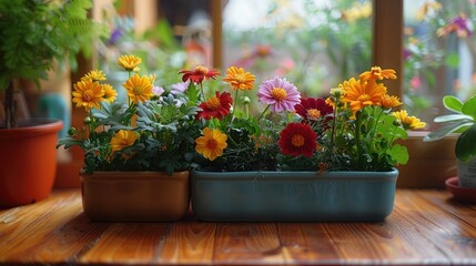 Someone preparing and planting a windowsill box with flowers