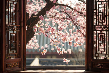 Beautiful cherry blossom view through the window from a traditional Chinese wooden house
