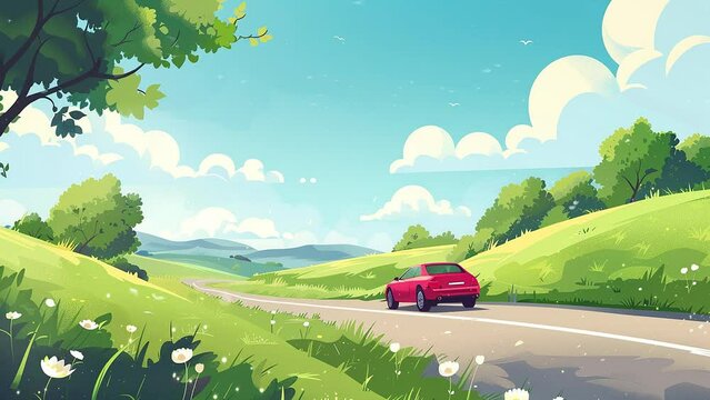 summer drive illustration of a car driving. seamless looping overlay 4k virtual video animation background