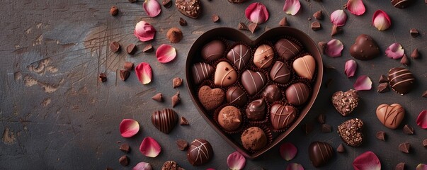 Savor the love with a delectable assortment of chocolates in a heart-themed box. - obrazy, fototapety, plakaty