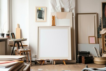 a painting is sitting on an easel in a room - obrazy, fototapety, plakaty