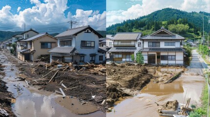 A before and after image of a floodaffected town with the first image showing severe damage and the second image showing rebuilt houses on higher ground highlighting the benefits - obrazy, fototapety, plakaty