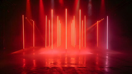 A red and white light show with a dark background. The lights are arranged in a row and are lit up