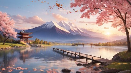 Digital Wallpaper Illustration of Beautiful Sunset Views with Mountains, lake, river and sakura tree - obrazy, fototapety, plakaty
