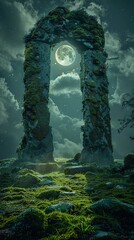 Enshrouded in moss, an ancient stone circle holds secrets, illuminated by moonlight piercing through clouds.