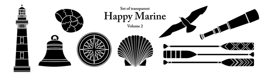 A series of isolated decorations for Happy Marine in cartoon style. Silhouette sea and ocean stuff on transparent background. Elements for coloring book or sticker. Volume 2.