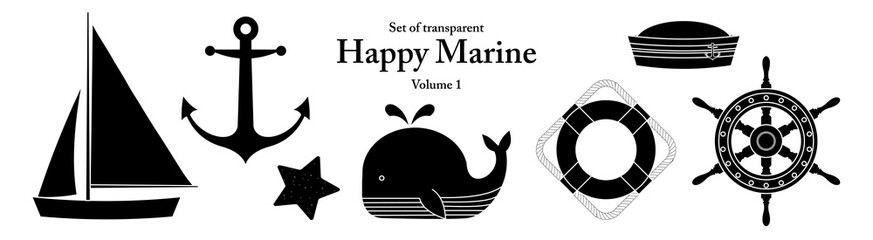A series of isolated decorations for Happy Marine in cartoon style. Silhouette sea and ocean stuff on transparent background. Elements for coloring book or sticker. Volume 1.