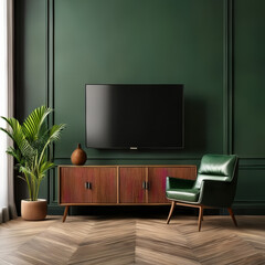TV on the wall in modern living room interior. 3d render