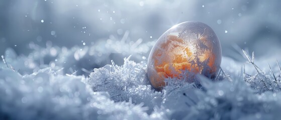 An egg encapsulated in ice contrasting the concepts of warmth needed for hatching and cold stasis - obrazy, fototapety, plakaty