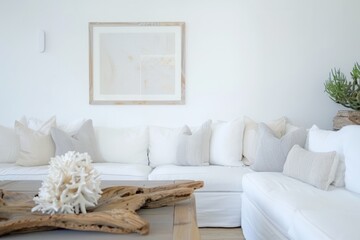Fototapeta na wymiar a living room with a white sectional couch and a wooden coffee table