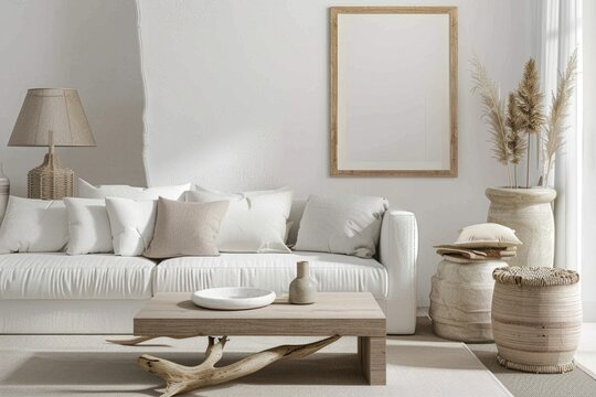 Property with a white couch, wooden coffee table, and rectangle picture frame