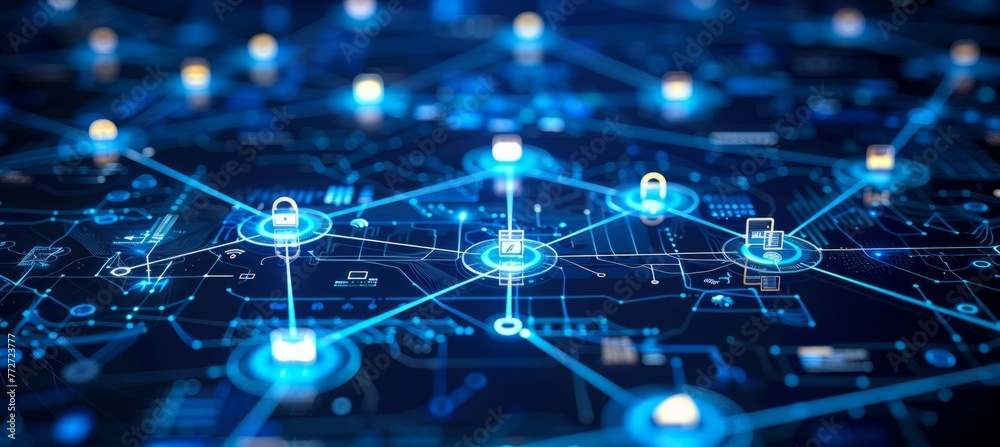 Poster Network technology user structure connect dots and lines at virtual space. Team social linked global digital internet database. Generative AI technology.